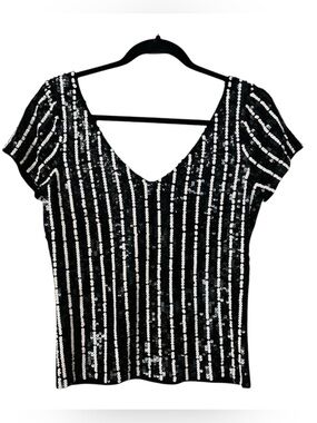Oscar de la Renta Black and White Sequin Top Small Retro Vintage